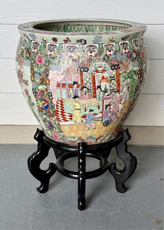 Large Hand Painted Chinese Fishbowl on Stand (1 of 11)