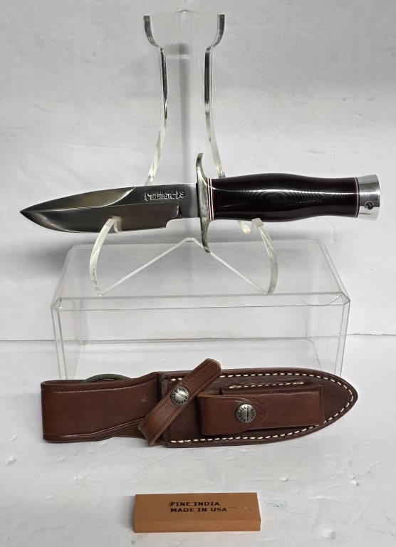 Randall Made Combat Companion Knife: Randall Made Combat Companion knife. Knife features nickel silver double hilt, silver nickel butt cap, maroon micarta handle, and stainless steel blade. Accompanied by model A Randall made leather she