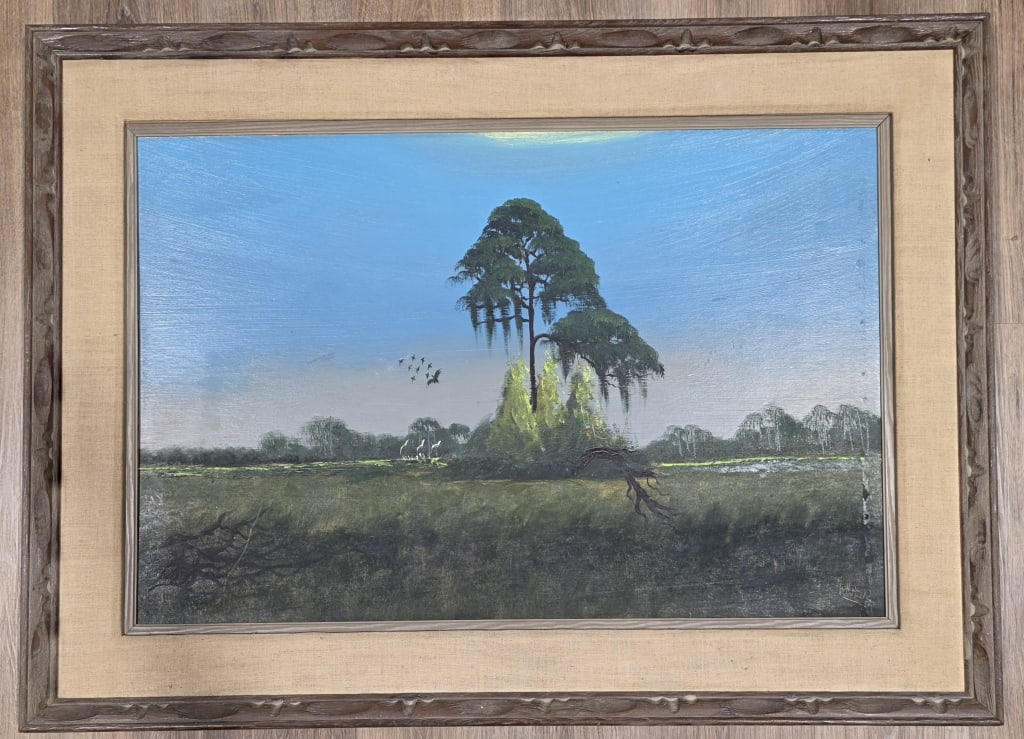 Original Fl. Highwaymen Alfred Hair Oil on Board: Original Florida Highwaymen artist Alfred Hair painting. Signed and farmed oil on board. The painting depicts a wetlands landscape with hanging Spanish moss and birds in flight under a blue sky. Appro