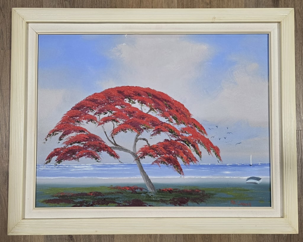 Signed Fl. Highwaymen Mary Ann Carroll Painting: Original Florida Highwaymen artist Mary Ann Carroll painting. Signed and framed oil on canvas. The painting depicts a vibrant red poinciana tree situated along the Florida coastline. Approximately 23.