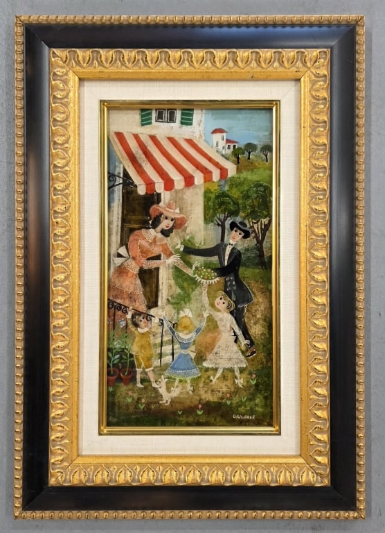 Ernst Graupner Reverse Painting on Glass: Ernst Graupner reverse painting on glass. Painting features a stylized figurative scene with a family gathering outside a storefront with a striped awning. Ornate black and gold frame. Approximately 1