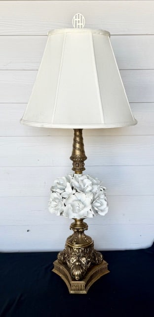 Vintage Brass & Porcelain Floral Table Lamp (1 of 14)