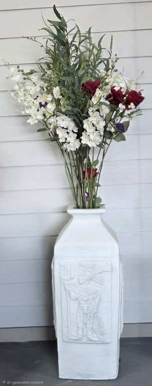 Large Faux Stone Mayan Floor Vase: Large white plaster faux-stone floor vase. Features a relief of an ancient Mayan figure. Some light scuffs present. Approximately 37"h x 14"sq. Photos are considered part of the condition and descript