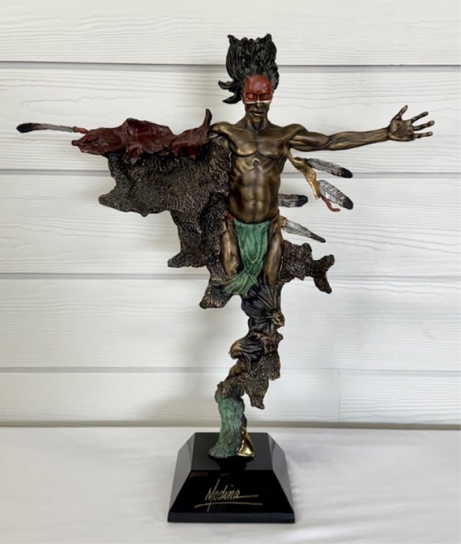 Dan Medina 'Mystical Indian Warrior' Bronze Statue: Dan Medina 'Mystical Indian Warrior' painted bronze sculpture. Part of the "Legends" series of bronze sculptures. Mounted on black marble base. Numbered 56/350. Photos are considered part of the