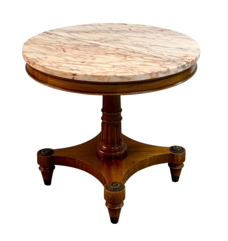 French Empire Style M.T. Gueridon Side Table: French Empire style gueridon side table. Features round marble top with on a pedestal base with brass mounts. One brass mount missing. Approximately 23.75"h x 26" round. Photos are considered