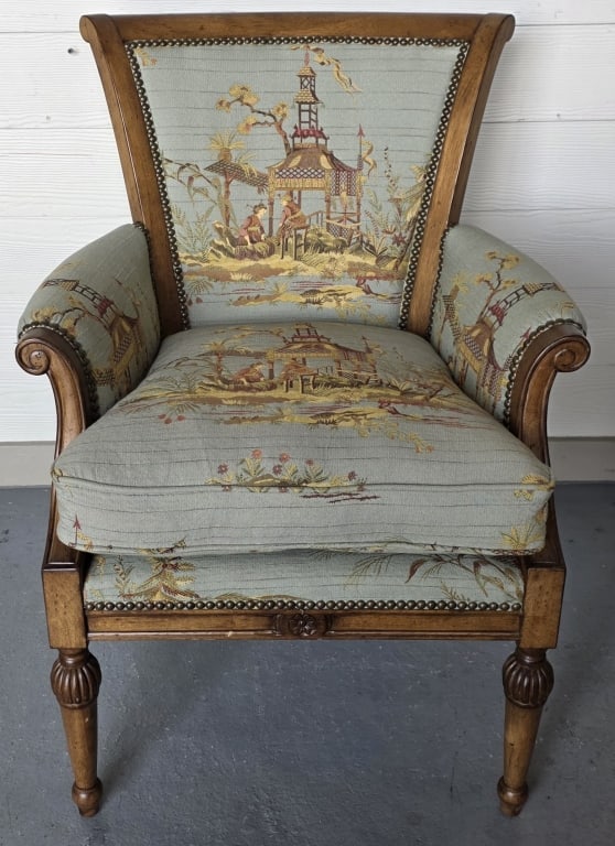Vintage Henredon Louis XVI Style Barrel Chair: Vintage Henredon Louis XVI style barrel armchair. Features Aubusson style tapestry upholstery, straight legs, and nail head trim. Upholstery scene has a Chinoiserie influence. In excellent condition.