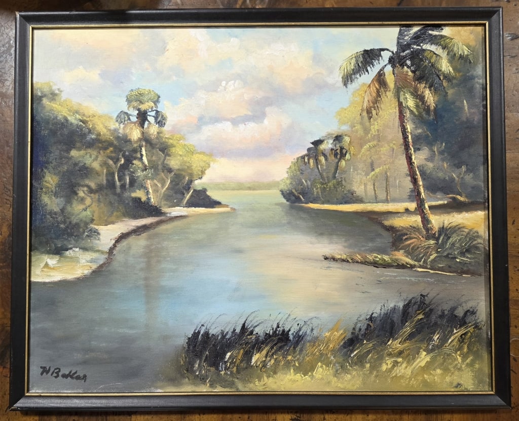 Signed Fl. Highwaymen Hezekiah Baker Painting: Original Florida Highwaymen artist Hezekiah Baker painting. Signed and framed. Oil on board. The painting depicts lush tropical foliage, palm trees, and serene water scene. Approximately 17"h x 21"w.