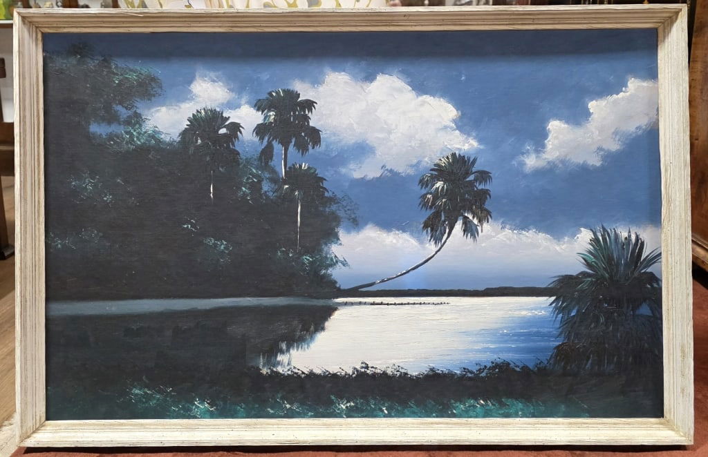 Highwaymen Hezekiah Baker/Black Signed Painting: Original Florida Highwaymen painting. Oil on board. Believed to have been painted by Hezekiah Baker and signed by artist Al Black. The painting depicts a moonlit Florida river with palm trees and nati