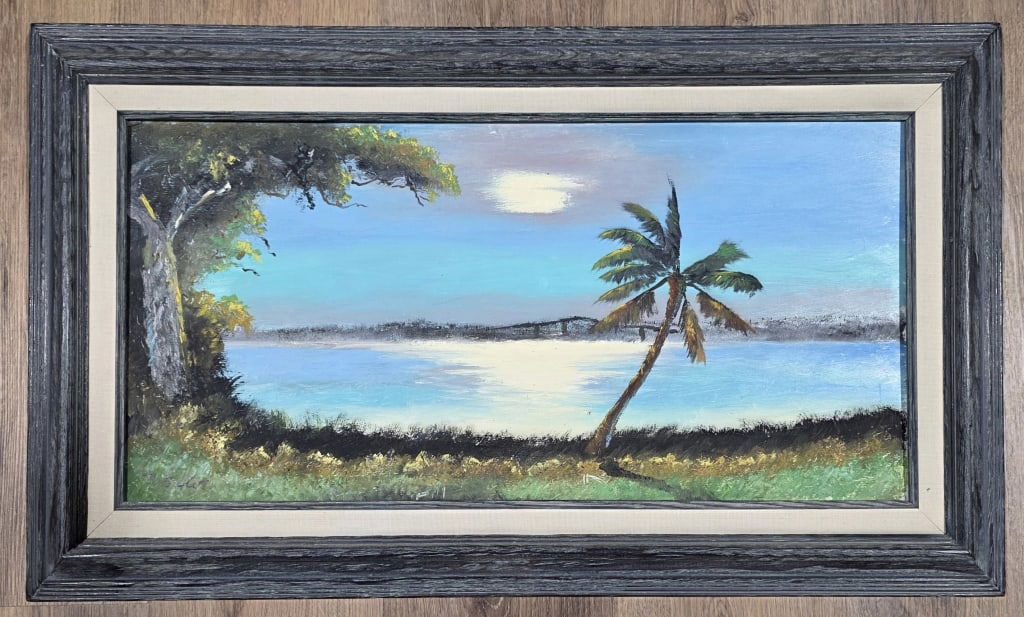 Original Fl. Highwaymen Hezekiah Baker Painting: Original Florida Highwaymen Hezekiah Baker painting. Framed and signed oil on board. The painting depicts a typical Florida coastal scene with a palm tree, a large tree, and a moonlit bay. Approximate