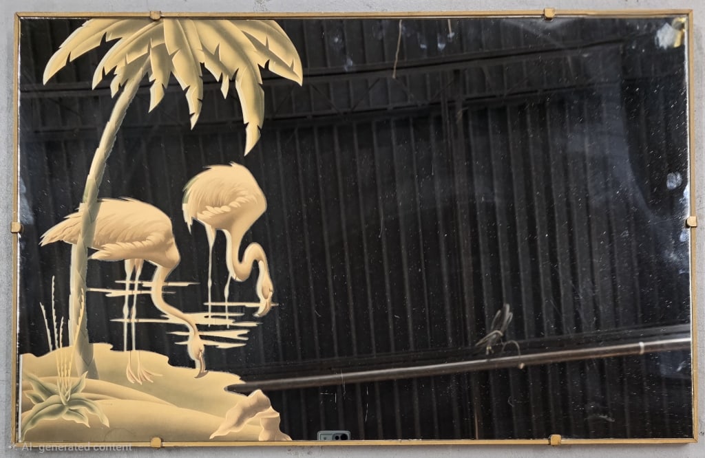 Vintage Turner Man. Co. Flamingo Wall Mirror: Vintage Hollywood Regency style Turner Manufacturing Company flamingo wall mirror. Features a tropical motif with a lithograph print of flamingos and a palm tree. Metallic frame. Some water damage and