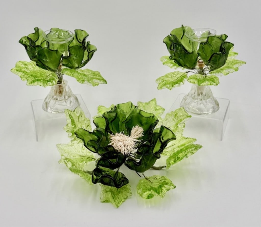 Green Glass Floral Centerpiece & Candle Holders: Vintage Murano style green glass floral centerpiece and candle holders. Includes 3.25" centerpiece and pair of 5" candle holders. Hand made. Photos are considered part of the condition and description