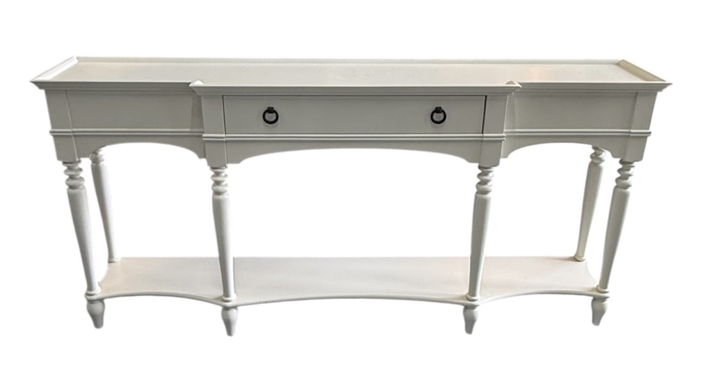 Powell Henley White Console Table: Powell Henley white console table. Classic slimline silhouette featuring an arched detailed frame and a lower open shelf for display. Includes a single center storage drawer with oil-rubbed bronze cir