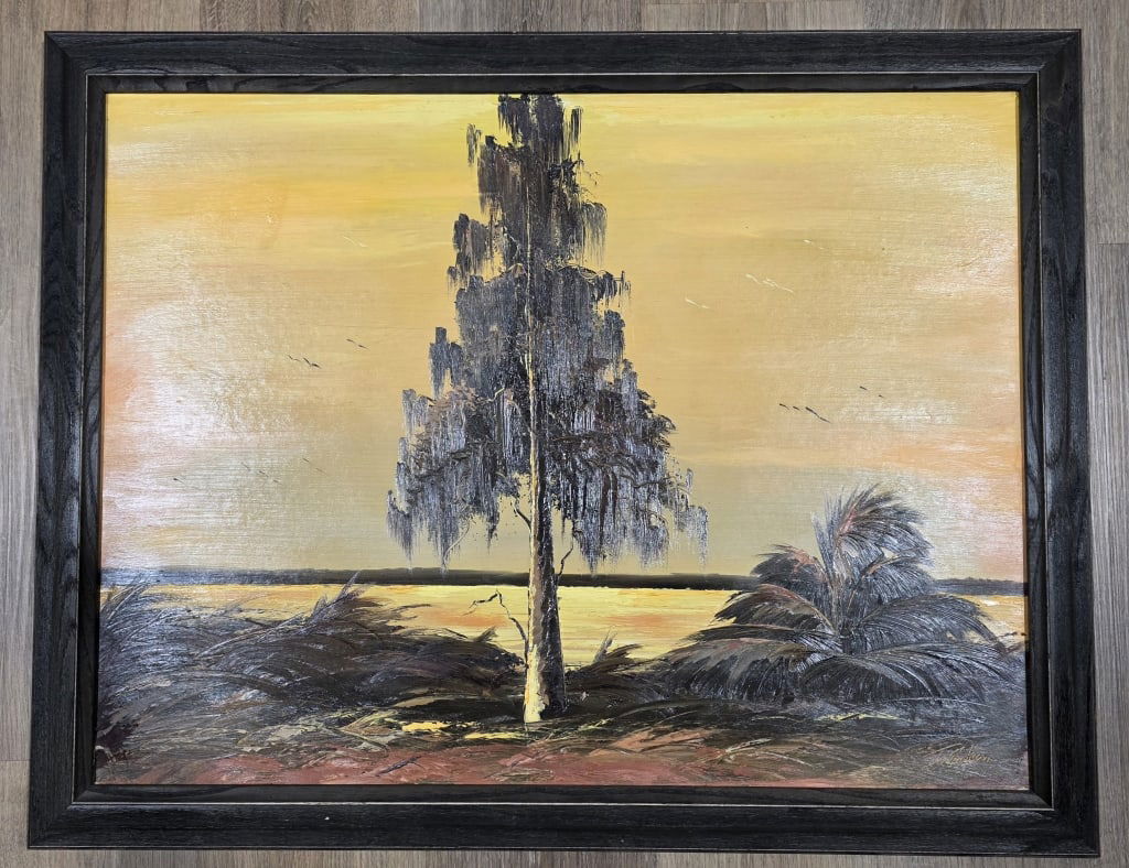 Florida Highwaymen James Gibson Signed Painting: Florida Highwaymen James Gibson Painting. Signed Oil On Board. Painting Depicts A Solitary Tree, Likely A Cypress, In A Marshland With Water And A Warm, Yellow-toned Sky. Approximately 26"h X 32.5"w.