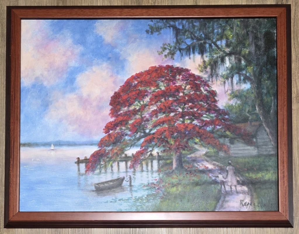 Original Fl. Highwaymen Roy McLendon Painting: Original Florida Highwaymen artist Roy McLendon painting. Signed and framed. Oil on canvas. The painting depicts a scenic Florida landscape with a bright red flowering tree, a boat in the water, and f