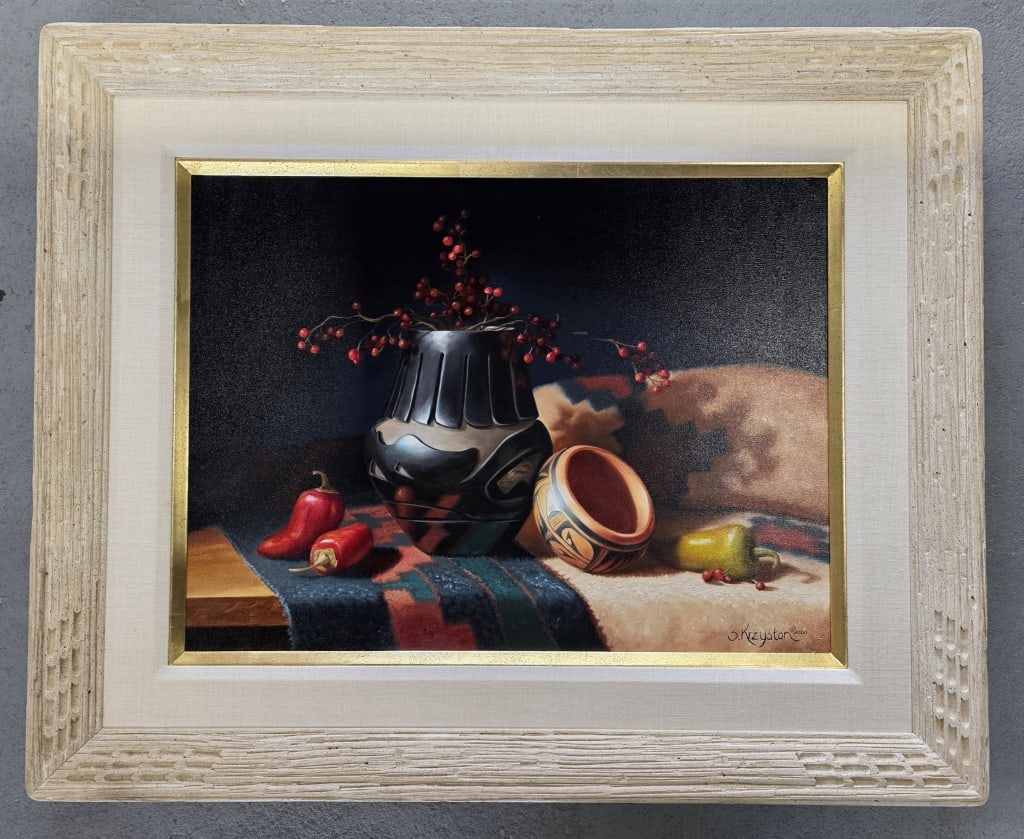 Sue Krzyston Signed & Frmed Still Life: Sue Krzyston signed and framed still life. Features traditionally decorated Native American pottery and textiles. Signed Sue Krzyston 2000. Approximately 27"h x 33"w. Photos are considered part of the