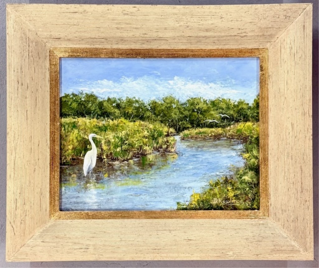 Signed & Framed D. Rawlings 'Prime Spot': Signed and framed D. Rawlings oil on canvas titled 'Prime Spot'. Painting feature a Florida Everglades-style marshland landscape with a white heron standing in the water. Cream colored wood frame. App