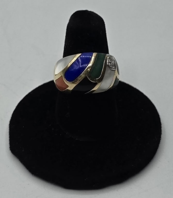 14k A. Grossbardt Style Multi-stone Diamond 8.94g: 14k Asch Grossbardt style multi-stone inlay and diamond ring. Design incorporates a variety of hardstones, diamond accents, and domed, asymmetrical band that creates a modern "mosaic" look.