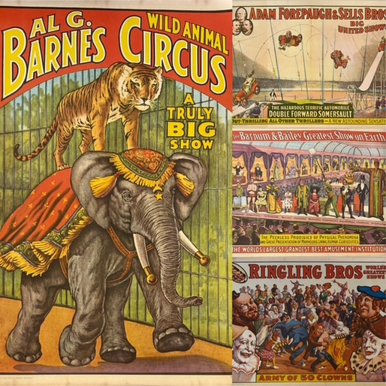 Collection of 4 Vintage Circus Posters: Collection of 4 vintage circus posters. Includes Al G. Barnes Wild Animal Circus, Adam Forepaugh & Sells Bros Big United Shows, Barnum & Bailey, and Ringling Bros. All marked Miniposter,