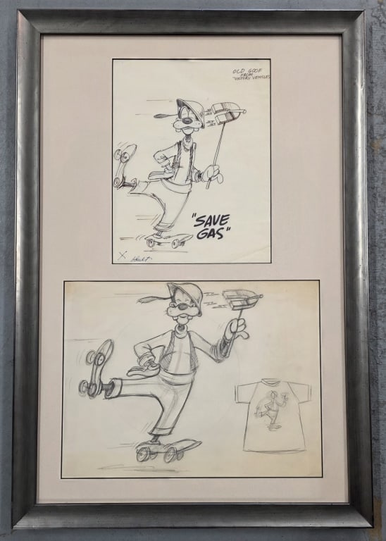 Sport Goofy Save Gas Campaign Drawings: Framed set of animation drawings featuring the character "Sport Goofy" designed for a "Save Gas" promotional campaign. Drawings have not been examined out of frame. No visible signature.