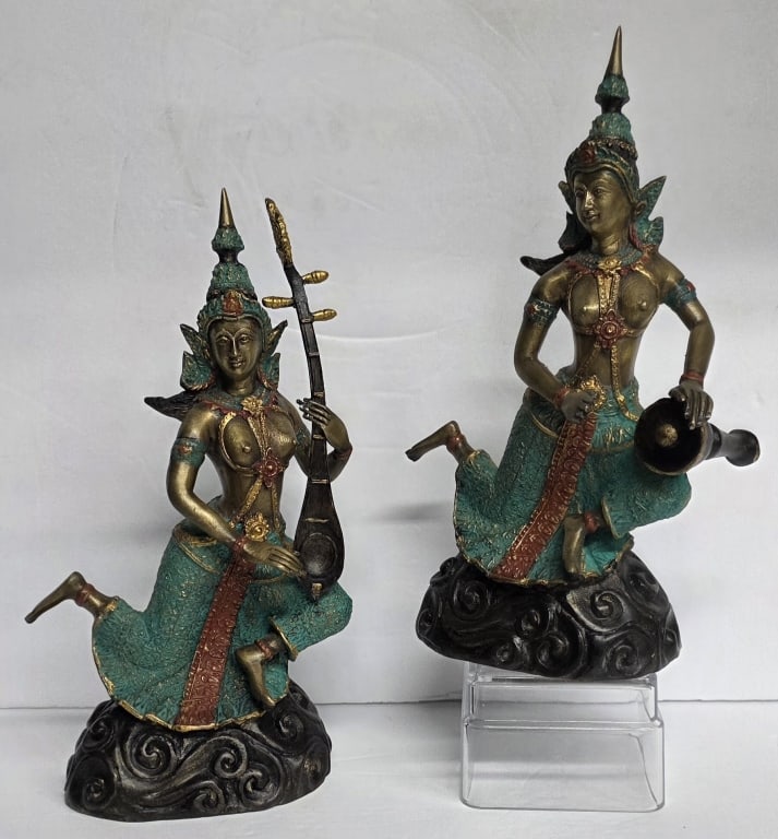 Pr. Vintage Thai Painted Bronze? Statues: Pair of Thai painted bronze? musician statues, also known as Buddhist devas. Statues feature a gilt finish with green and red accents. One figure plays a three stringed violin, while the other