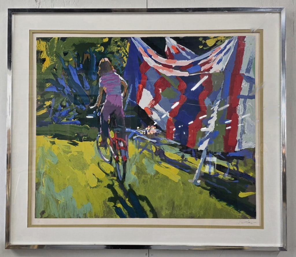Nicola Simbari "Girl Riding a Bicycle" Serigraph: Nicola Simbari "Girl Riding a Bicycle" serigraph. Signed and numbered, 257/300. Metal chrome frame and plexiglass front. Some scratches present on plexiglass front. Imperfections with matting as