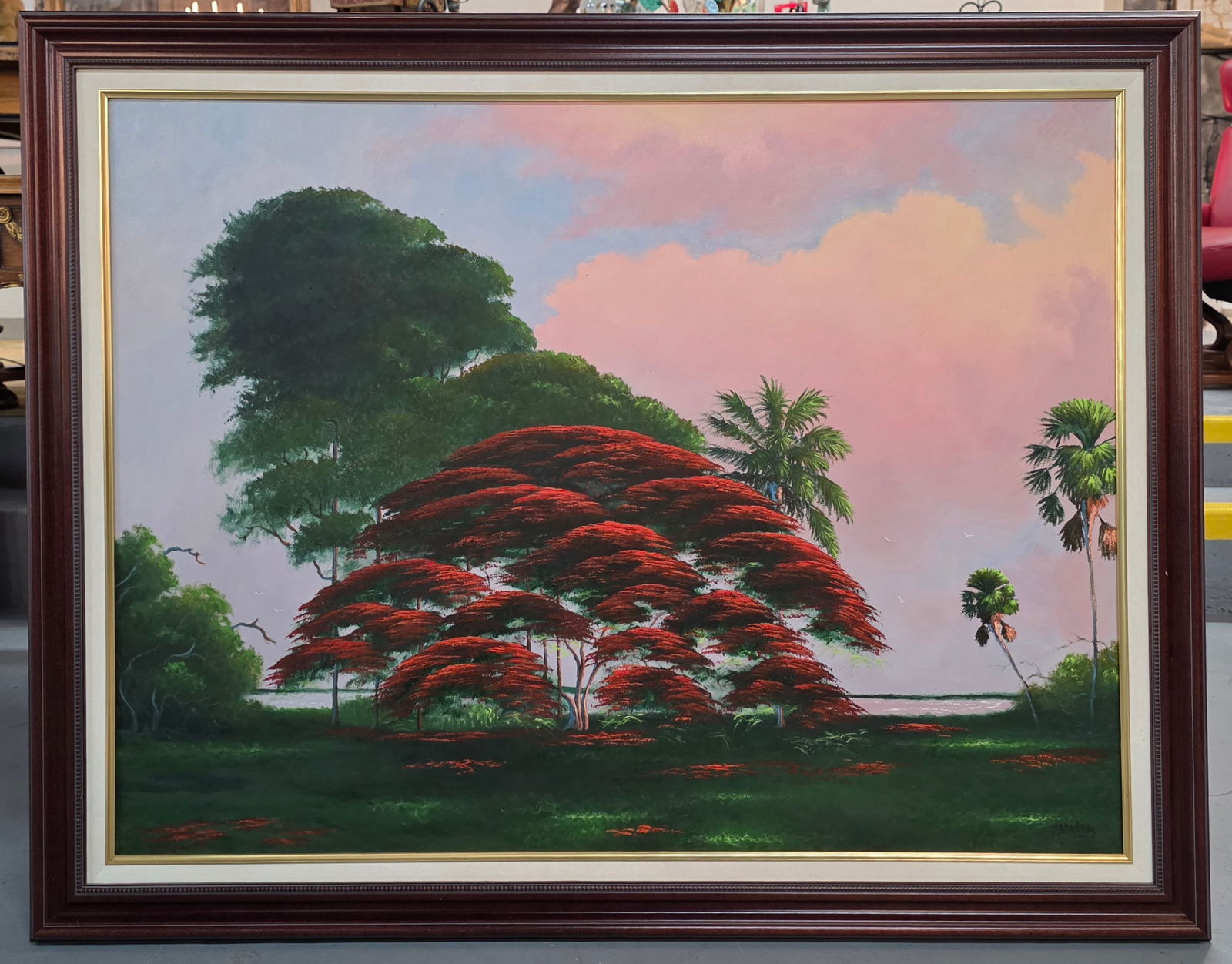 Rare Commissioned Highwaymen J. Daniels Painting: Rare commissioned original Florida Highwaymen Johnny Daniels painting. Framed and signed oil on canvas. Commissioned by Monroe Dodd for the Grapetree Bay Hotel in St. Croix. Hotel was destroyed before