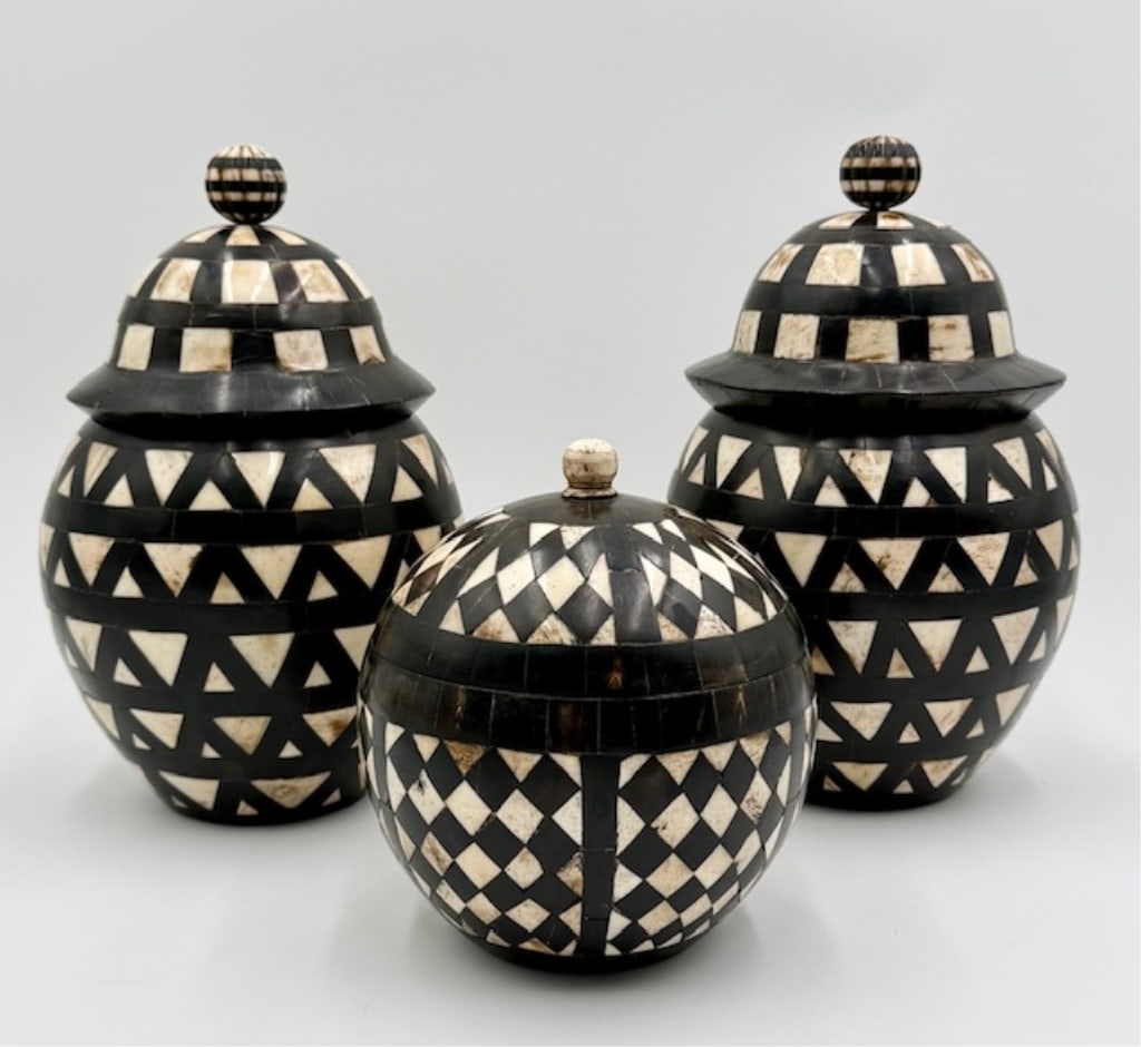 3pc Moroccan Style Inlaid Bone Lidded Jars (1 of 11)