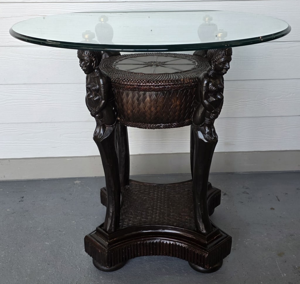 Carved Colonial Tribal Glass Top Side Table. (1 of 11)