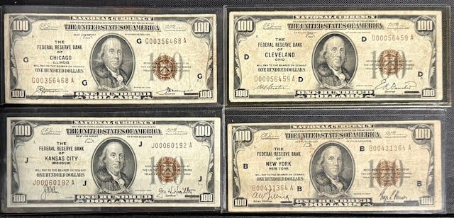 Four 1929 $100 Federal Reserve Bank Notes (1 of 6)