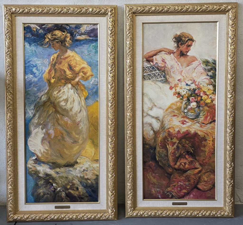 Pair of Signed Jose Royo Framed Serigraphs: Pair of framed Jose Royo serigraphs on canvas. Hand signed. Includes "Interior Luminoso" and "Contemplacion". Both approximately 50.5"h x 25.5"w. Photos are considered part of the condition and descri