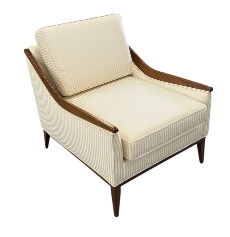 MC "Swoop Arm" Arm Chair: Mid-century modern armchair. Chair features a distinctive sculptural walnut frame with swooping, exposed wood arms and tapered legs. Upholstered in a cream/beige fabric with a classic vertical stripe