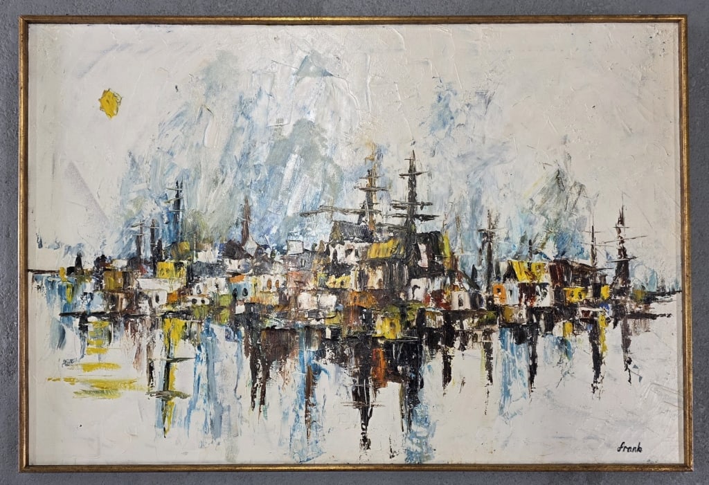 Signed MCM Abstract Cityscape Oil on Canvas (1 of 6)