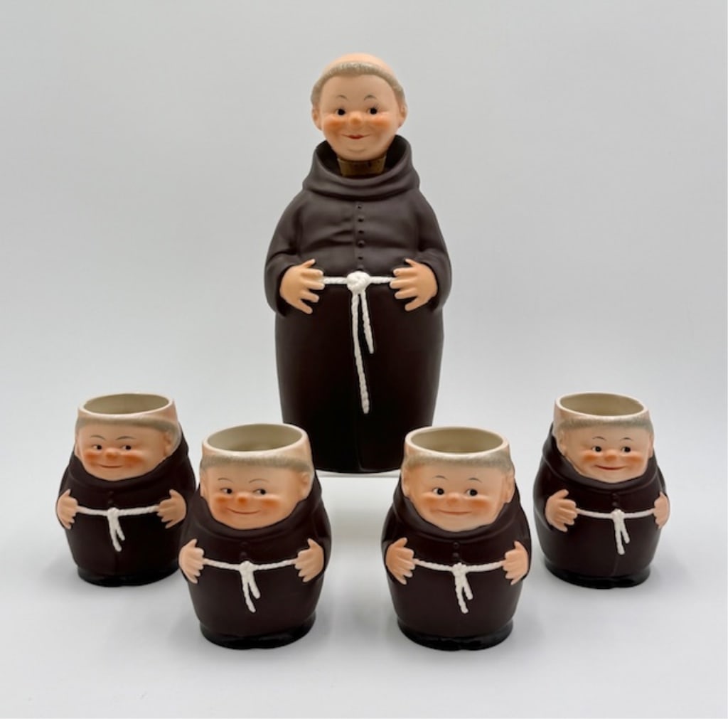 Vintage Goebel Friar Tuck Decanter & Glasses: Vintage Goebel Friar Tuck decanter and glasses. Includes 10.25" decanter and (4) 4" cups. All pieces in excellent condition with no chips or cracks. Photos are considered part of the condition