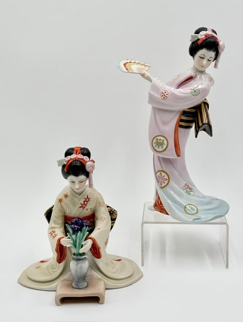 Vintage Tokutaro Tamai Porcelain Figures: Pair of vintage Tokutaro Tamai porcelain figures. Designed by the artist Tokutaro Tamai for Franklin Porcelain. Includes 9.25" "The Maiden of the Fluttering Fan" and 6.25" "The Maiden of the Perfect B