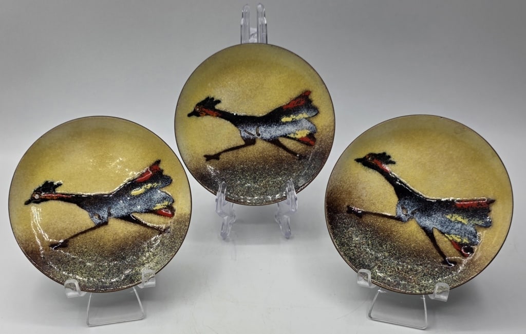 3 MCM Bovano of Cheshire Roadrunner Plates: Set of 3 MCM collectible plates featuring a decorative design of a roadrunner against a textured gold background. Handcrafted by Bovano of Cheshire. Vitreous enamel on copper. Approximately 3.5"diamet