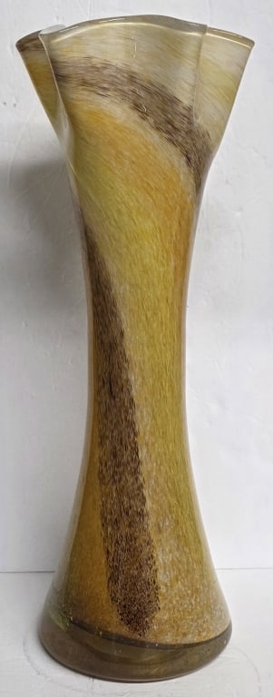 Beautiful Flared Hand Blown Art Glass Vase: Beautiful hand blown art glass swirl flared vase. Features a yellow, brown, and white swirling pattern and a unique fluted rim. Excellent condition with no chips or cracks. Approximately 19"h. Photos 
