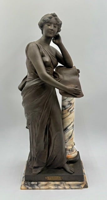 French Bronze? Sculpture "Poesie" by H. Levasseur: French Art Nouveau bronze? sculpture titled "Poesie" (Poetry) by artist Henri Louis Levasseur. An allegory of poetry, depicted as a contemplative woman in antique robes leaning against a marble pillar