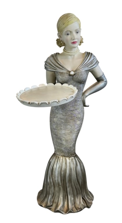 Bombay "Nicolette" Hostess Butler Side Table: Bombay Company "Nicolette" hostess butler statue side table. Resin accent piece designed as both a functional serving tray and a decorative statue. The statue depicts a woman in a classic evening gown