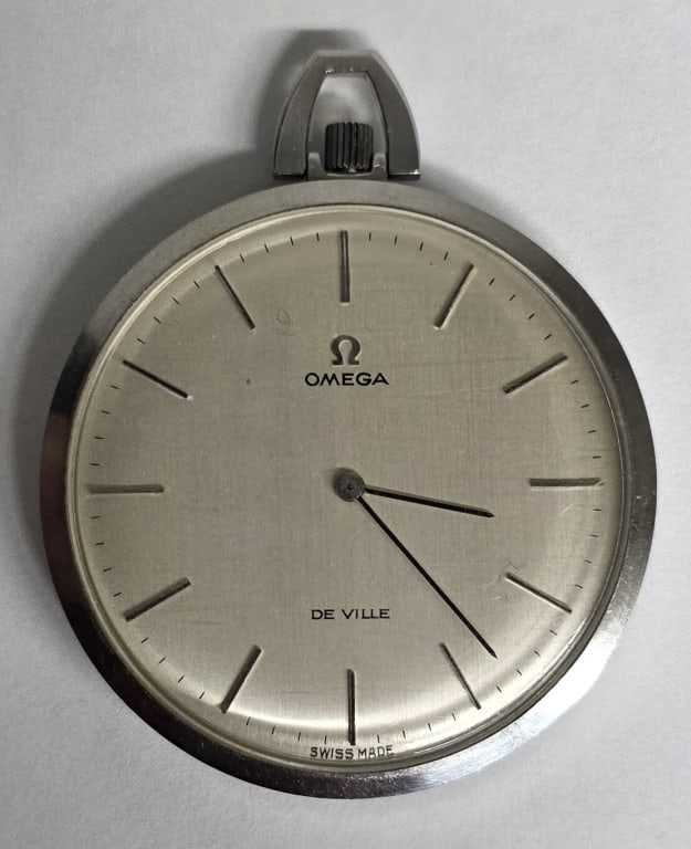Vintage Omega De Ville Pocket Watch: Vintage Omega De Ville pocket watch. Swiss movement. Stainless steel case. Service history unknown. Photos are considered part of the description and condition. R