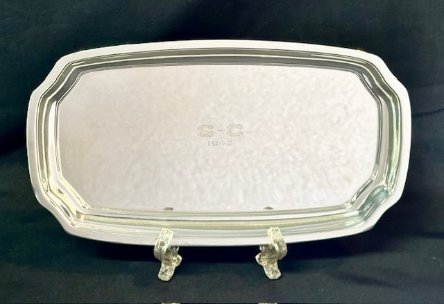 Vintage J.E. Caldwell & Co. Sterling Tray 8.315oz: Vintage J.E. Caldwell & Co. sterling tray. Center of tray engraved S-C 1942. Approximately 9" x 5.25" and 8.315oz. Photos are considered part of the condition and description. 208