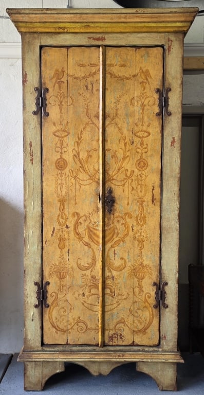 Vintage Venetian Style Hand Painted Wardrobe: Vintage Venetian style hand painted wardrobe. Featuring ornate golden yellow tones and decorative floral, and arabesque motifs. Wrought iron fittings and key. Does not lock. Approximately 95"h x 45"w 