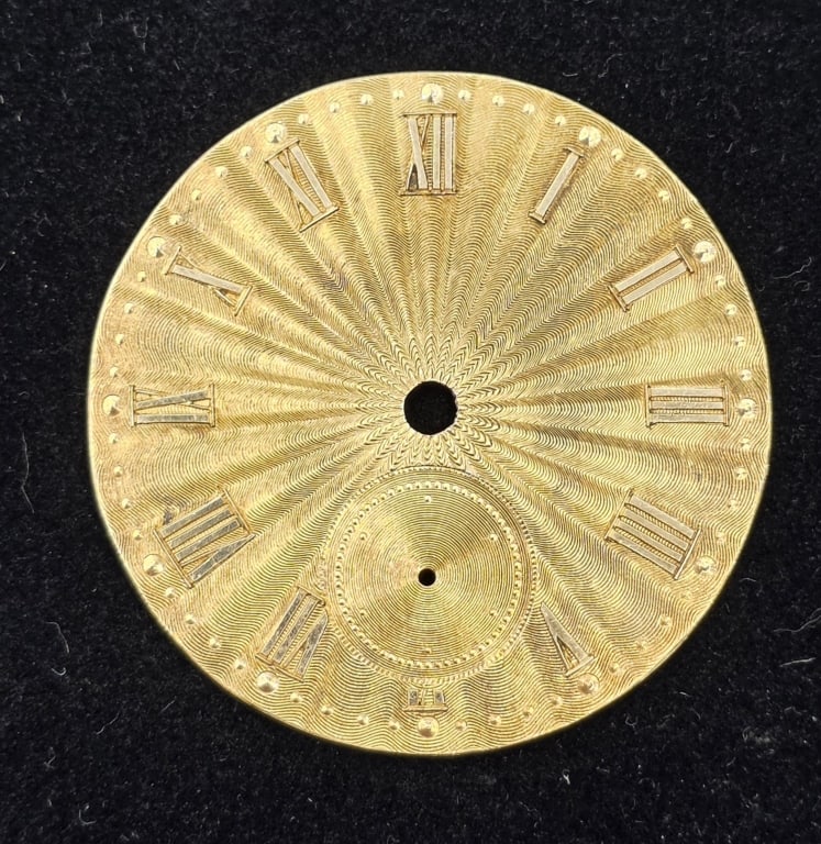 14k Vintage Pocket Watch Dial - 5.1g: 14k Vintage pocket watch dial - 5.1grams. Approx. 1.75" Diameter. Roman numeral markers with guilloche engraving. Photos are considered part of the description and condition. R