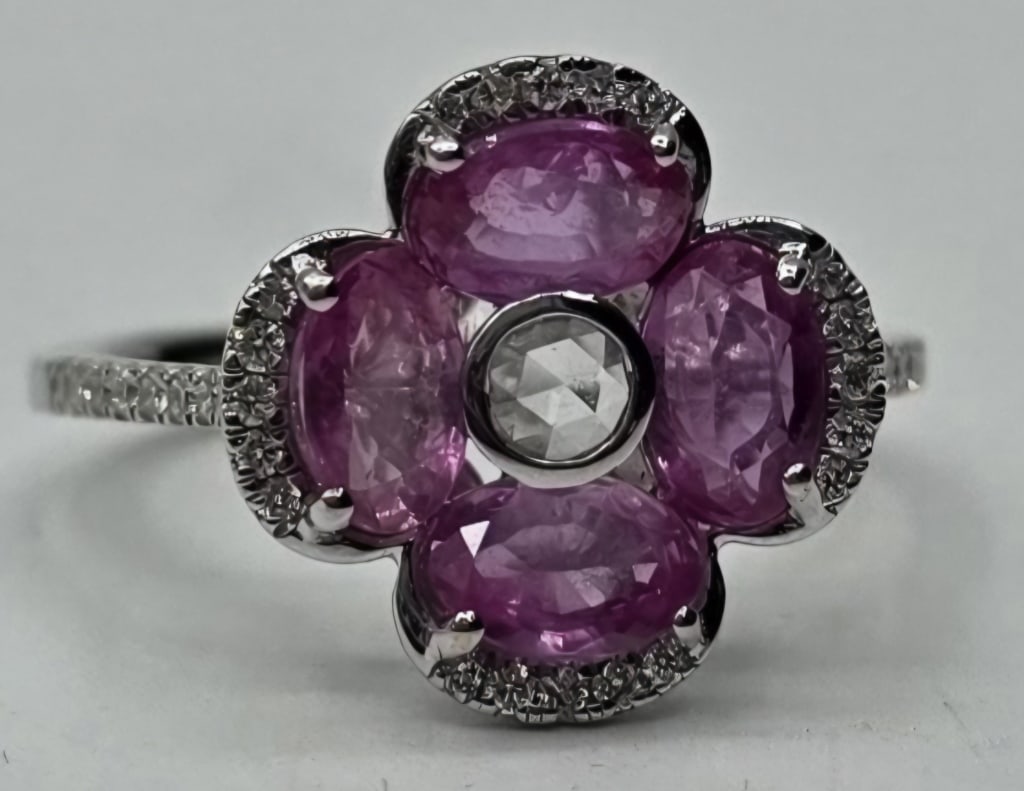 18k Diamond & Pink Sapphire Flower Ring - 3.5g TW (1 of 5)