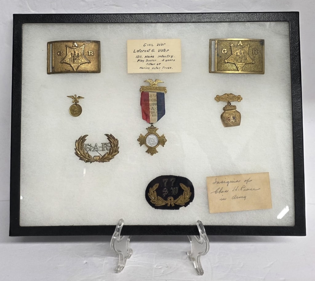Collection of Assorted Civil War Memorabilia: Collection of American Civil War memorabilia associated with Laforest G. Voter of the 12th Maine Infantry. Collection includes brass belt buckles with the Grand Army of the Republic (GAR) star insigni