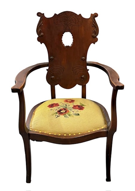 Carved Queen Anne Style Needlepoint Arm Chair (1 of 6)
