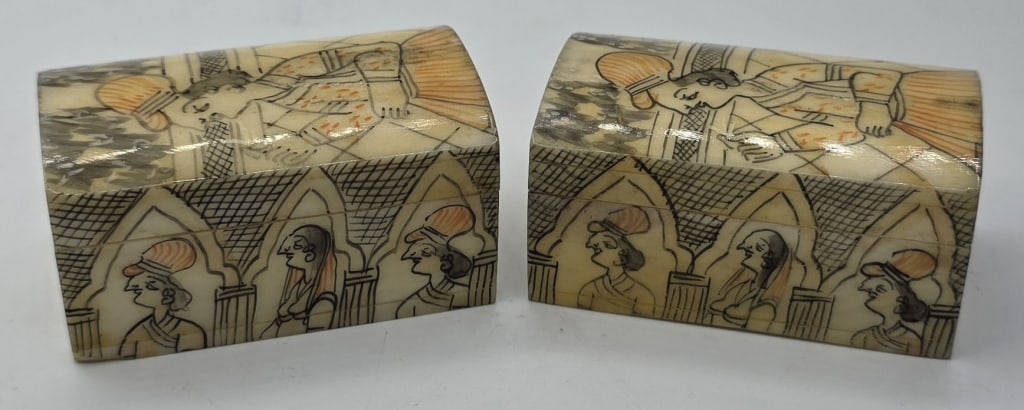 Pr. Vintage Hand Painted Indian Miniature Boxes: Pair of vintage hand painted Indian miniature boxes. Constructed from bone? Boxes feature intricate hand painted traditional figures. Approximately 1.25"h x 2"w x .5"d. Photos are considered part of t