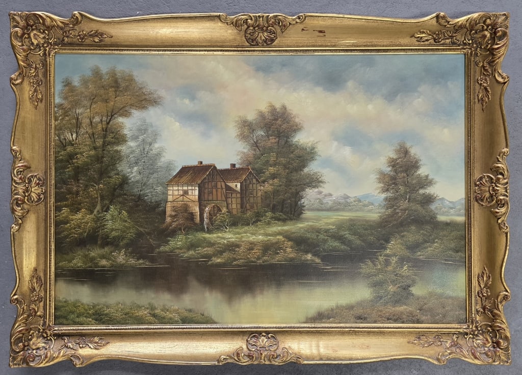 Vintage Signed & Framed Oil on Canvas: Vintage signed and framed oil on canvas. Painting depicts a serene European countryside scene. Signed Cuthbert? Baroque style wood frame. Age cracks present in paint. Approximately 30"h x 40"w.
