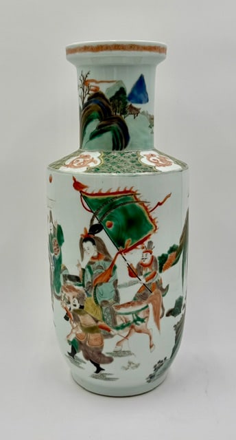 Chinese Famille Verte Porcelain Rouleau Vase: Chinese Famille Verte enameled porcelain rouleau vase. Features polychrome enamel decoration depicting narrative scenes. Eight character blue underglaze mark on the base. Excellent condition with no