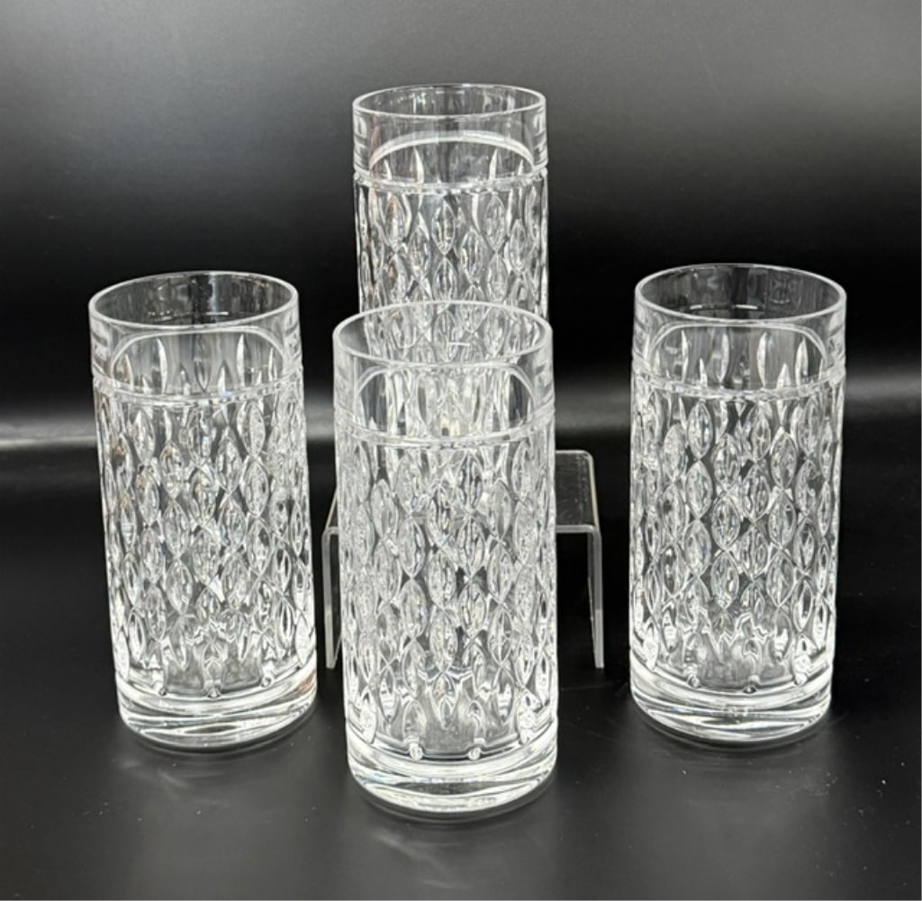 Ralph Lauren Aston Crystal Highball Glasses: Set of four Ralph Lauren Aston highball crystal glasses. Glasses feature their distinct teardrop pattern and premium cut crystal construction. Excellent condition with no chips or cracks.