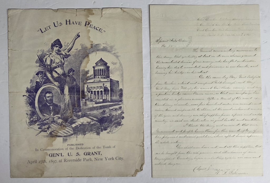 Civil War Documents Inc. General Sherman Order: Pair of American Civil War era documents. Includes handwritten note/military order signed by General W.T. Sherman and commemorative "Let us Have Peace" program from the dedication of General Grant's t